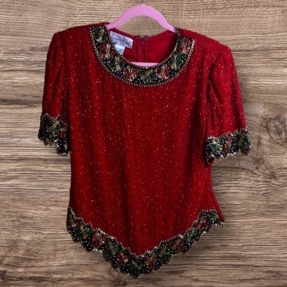 Vintage Laurence Kazar embellished/beaded Christmas top. Red large.